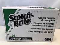 Sealed cardboard box labeled 'Scotch-Brite General Purpose Scouring Pad No. 96' containing 20 cleaning pads sized 6 in x 9 in (152 mm x 228 mm).