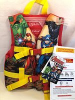 Front view of new Marvel Avengers child life jacket with yellow straps and red panels, featuring Hulk, Iron Man, Captain America, Black Panther, and Black Widow artwork.