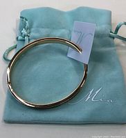 Gold-tone bangle bracelet placed on light blue Mia pouch, showing overall shape and pouch branding