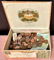 Top view of box filled with mixed pennies and paper currency