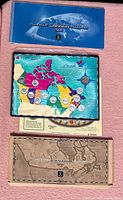 Photo of the three coin set packaging items laid out on a pink surface: blue Millennium Canada 2000 case, colorful Canadian map card with coins, and beige 1999 Canada commemorative box.