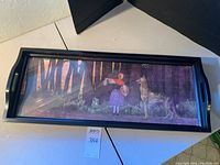 Full view of the rectangular wood tray with handles and the Little Red Riding Hood image inside.
