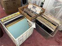 Three containers holding multiple vinyl record albums in cardboard boxes and plastic bins on a carpeted floor.