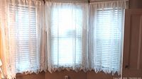 Bay window with three of the white lace curtain panels hanging, showing the scalloped edges and floral pattern, allowing light through the lace.
