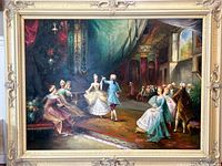 Full frontal view of framed oil painting depicting ballroom dance scene