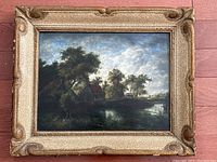 Full frontal view of framed oil painting depicting a rural watermill scene under cloudy sky.