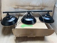 Front view of the black farmhouse chandelier with three bell-shaped metal light shades and mounting rod, resting on a sofa with original box below.