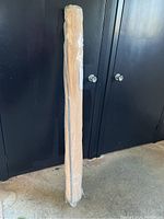 Rolled and shrink-wrapped blue rug standing upright against a dark door, showing sealed packaging and no signs of use.