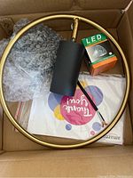 Photo showing the modern wall sconce components inside a box: gold circular metal ring frame, black cylindrical light housing, LED lightbulb in box, mounting plate, and wiring.