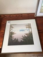 Framed print showing islands with pine trees in the foreground, matted and framed, in natural lighting.