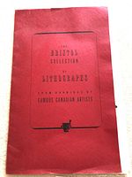 Photo of the red cover folder titled 'The Bristol Collection of Lithographs from Drawings by Famous Canadian Artists'.
