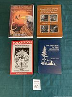 Four books: Animal Speak by Ted Andrews; Conservatism Among the Iroquois at the Six Nations Reserve by Annemarie Anrod Shimomay; Iroquois Stories by Joseph Bruchac; The Legends of the Iroquois by William W. Canfield.
