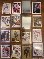 Top view of 16 assorted hockey trading cards, some in hard plastic cases and some in sleeves, laid out on wooden surface.