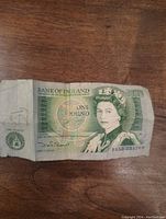 Front side of the Bank of England one pound note featuring Queen Elizabeth II portrait and bank details.