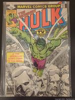 Front cover image of The Incredible Hulk comic book issue 239 from 1979, showing Hulk jumping with rocky mountain carvings in background.