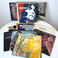 Overview of 26 assorted vinyl records displayed fanned out and stacked showing various album artwork