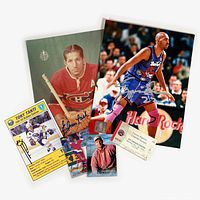 Overview photo of all six items in the lot showing autographed photos, trading cards, postcard, and ticket stub.