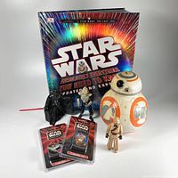 Full view of all items in lot showing the Star Wars book, BB-8, Darth Vader, Tuscan Raider, Cylon Centurion figures, and two collectible pins.