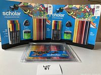 Three Scholar Prismacolor art supply sets, two boxed 36-piece starter sets and one 60-piece colored pencil set in plastic case with ruler