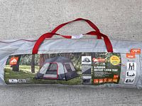 Packed tent in grey storage bag with red handles. Label shows tent image, features, and brand.