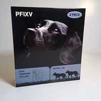 Front view of PFIXV dog training collar 2-pack original packaging with dog image, model G5 labeling, and icons showing collar and remote controller.