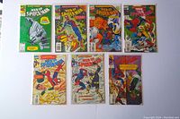 Seven Web of Spider-Man comic books laid out in two rows showing front covers, including issue #100 and #104 to #109.