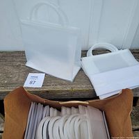 Two frosted plastic gift bags with hard plastic clip handles displayed upright on a wooden bench, showing translucency and shape.
