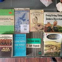 Photo showing the front covers of all eight books arranged on a table. Titles and authors visible, with some price tags and wear on covers.