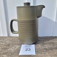 Front view of the coffee pot showing the overall shape, handle, lid, and textured chevron pattern