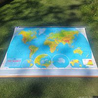 Full view of the vintage world map rolled out on grass, showing full colorful map with world continents and population details.
