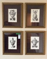 Set of four framed black and white prints of antique pottery urns showing overall presentation and frame style