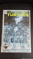 Front cover of Teenage Mutant Ninja Turtles Issue 71 Comic Con Variant featuring Turtles crossing a street reflecting Beatles Abbey Road theme.