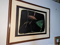 Framed abstract modernist art print by Moriyama with details of colors and frame.