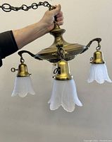Side frontal view showing brass pan holder, three frosted glass leaf shades, and chain held by hand for scale.