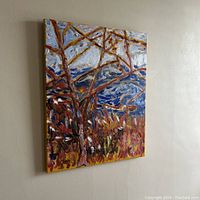 Frontal view of the original oil landscape painting showing tree structure and blue sky