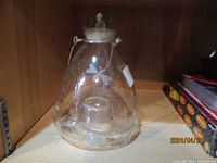 Front view of glass fly catcher showing overall shape, stopper and dragonfly etching.