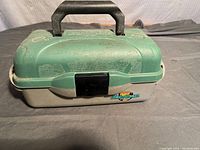 Closed view of Flambeau branded fishing tackle box with handle and latch