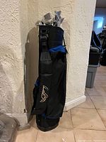 Full view of the blue and black golf bag standing upright with clubs inside.