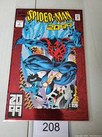 Front cover of Spider-Man 2099 #1 comic book showing Spider-Man in a blue and red suit swinging through a city.