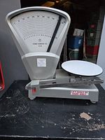 Front and side view of the metal scale with visible dial, weighing plate, and structural frame.