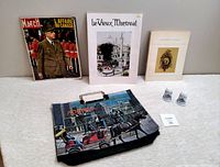 Overview of the lot showing all items: French magazine, two books, tote bag, salt and pepper shakers