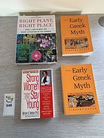 Overall view of four books: 'Right Plant, Right Place', two volumes of 'Early Greek Myth', and 'Strong Women Stay Young'