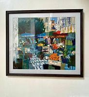 Full view of framed art print depicting market scene