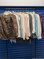 Full view of 12 varied vintage women's blouses on hangers showing colors and patterns.
