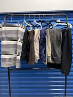 Eight Chicos women's clothing items hanging on a rack; includes pants and skirts in various colors and patterns including striped, solid black, brown, beige, navy, and gray.