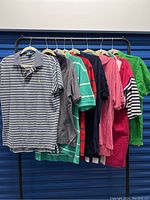 View of 8 men's polo shirts on a rack showing multiple colors and some brands