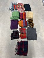 Thirteen winter scarves in assorted colors and textures laid out, including plaid, striped, knitted, solid colors and faux fur scarf.