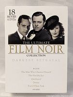 Front cover of the Ultimate Film Noir Collection box showing three classic film noir actors, and listing some of the included movies like The Man Who Cheated Himself and The Hitchhiker.