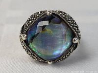 Close-up photo of sterling silver MARC designer ring displaying faceted multi-color stone with marcasite accents in a unique setting.