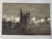 Front view of the watercolor artwork showing a damaged church and explosions in the distance.